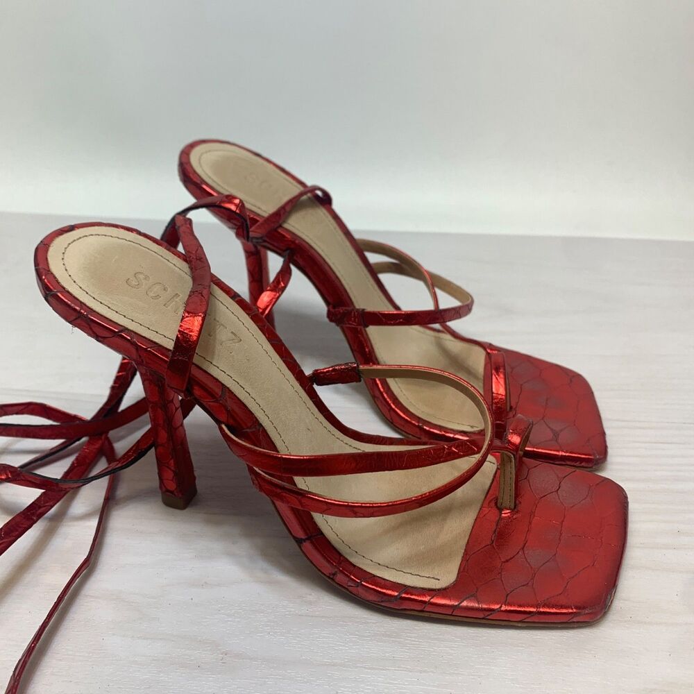 Schutz Lily Sandals 6.5M Metallic Red Crocodile Embossed Leather‎ Heels Wrap